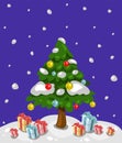 Cute cartoon Christmas tree with colored glass balls and presents around.